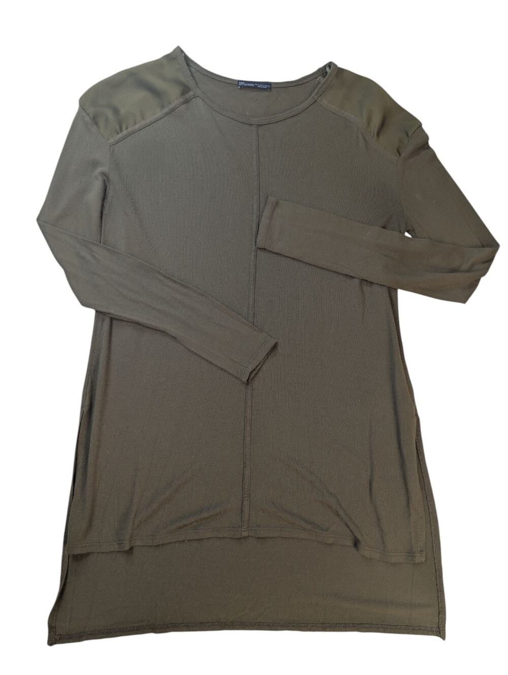 Zara Women's Size S Long Sleeve Super Soft Tee Long In Back Olive Green Boho...